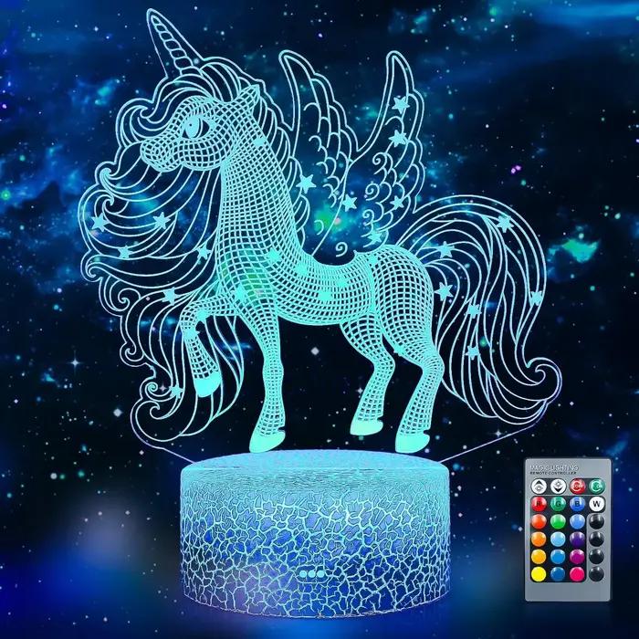 Veilleuse licorne pour enfants, illusion 3D, lampe de nuit avec télécommande, décoration de chambre,
