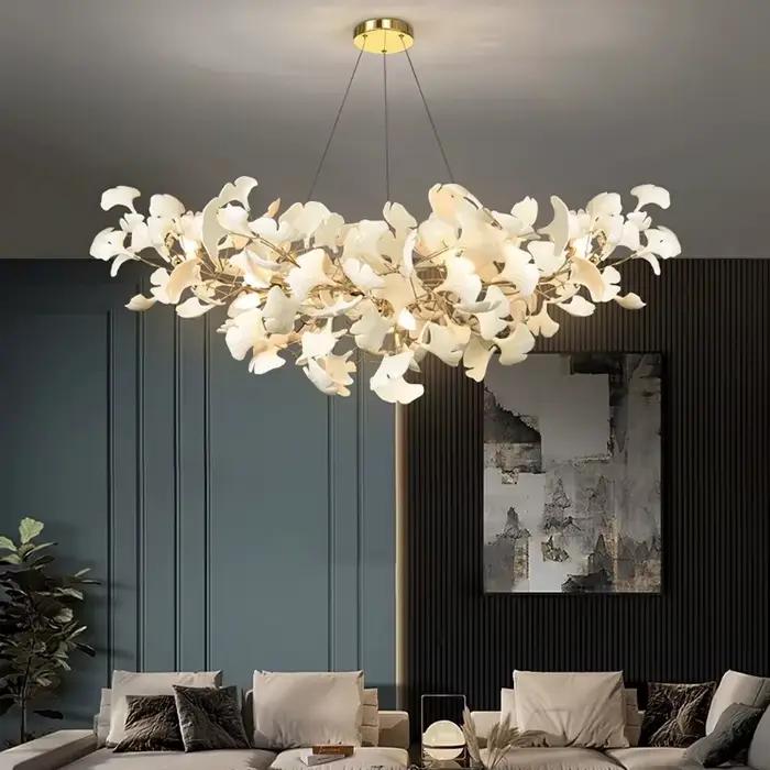 Céramique moderne blanc longue feuille de Ginkgo pendentif LED lumière décoration Villa salon plafon