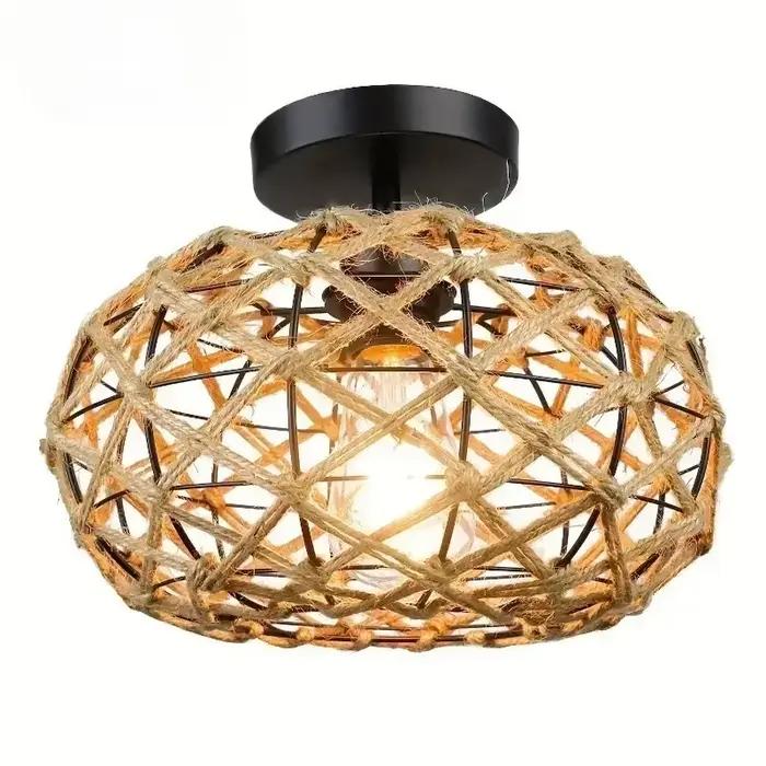 Lampe en cage en corde de chanvre tissée à la main de ferme, abat-jour suspendu en bambou Boho, abat