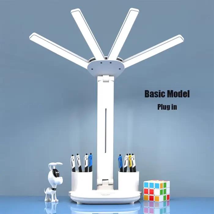 Lampe de bureau multifonctionnelle 3 en 1, lampe de bureau LED pliante à quatre têtes avec ventilate