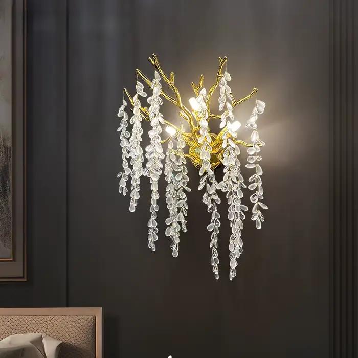 Lustre en cristal K9 doré moderne avec branches d'arbre ronde pour salon et salle à manger luminaire LED plafond nordique chandelier