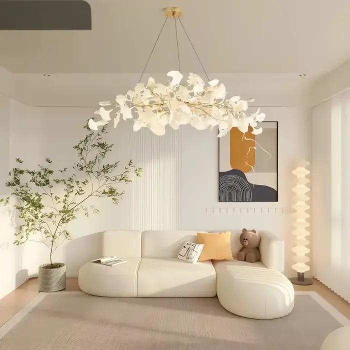 Céramique moderne blanc longue feuille de Ginkgo pendentif LED lumière décoration Villa salon plafond lustre intérieur suspendus lumières