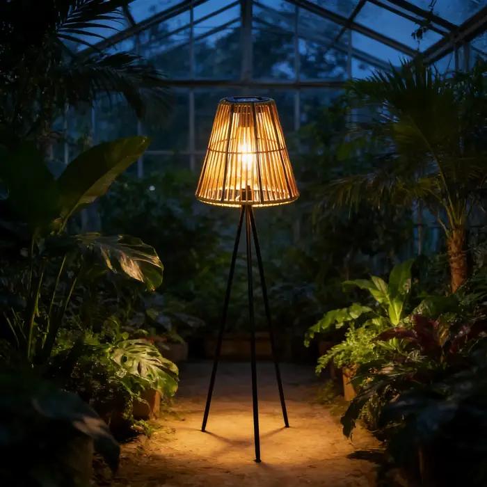 Lampe de sol solaire artisanale en rotin