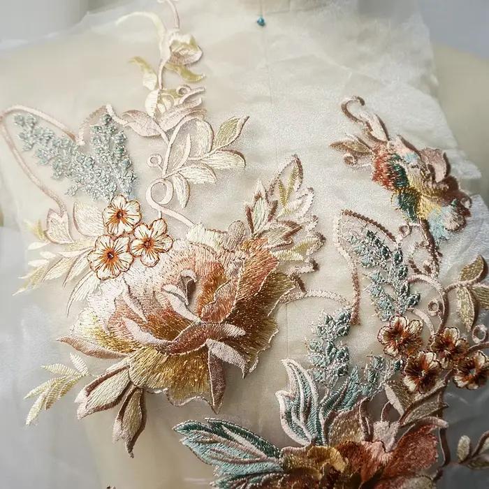 Grande broderie dentelle fleur Applique couture col Floral Patch robe de mariée vêtements de mariée robe bricolage blanc Tulle artisanat