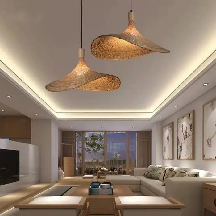 Lampe suspendue en rotin avec cordon de lampe suspendue en bambou, panier à intensité variable, abat-jour, corde de chanvre, luminaire de plafond à brancher