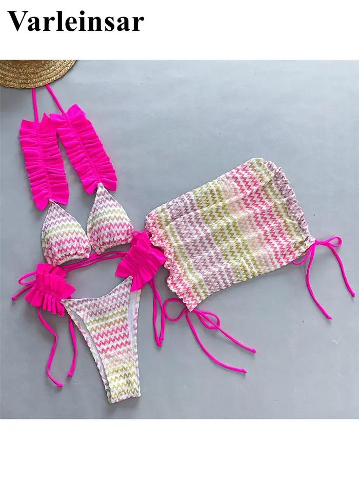 Ensemble Bikini bleu trois pièces avec jupe ondulée à volants, maillot de bain féminin, maillot de bain pour femmes, V5235C
