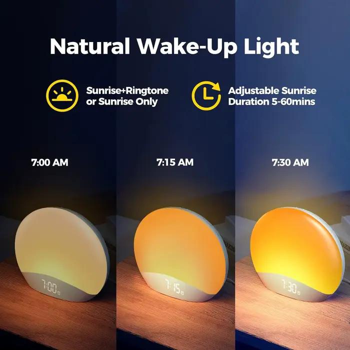 Réveil réveil lever du soleil réveil de Table réglable avec 3 anneaux 8 veilleuse 26 sons minuterie de sommeil veilleuse