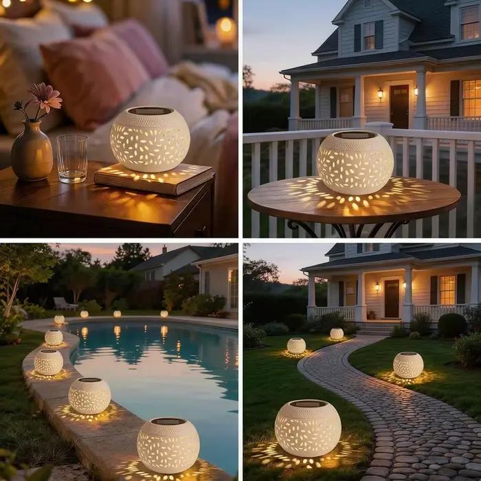 Lampes solaires de table en métal pour décoration extérieure modernes avec projection d'ombres bleues ou roses pour patio, pelouse et allée