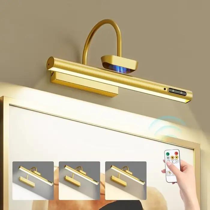 Lampe murale LED rechargeable 4000 mAh, moderne, télécommandée, 3 couleurs réglables, dorée, pour miroir de salle de bain, éclairage d'images en aluminium