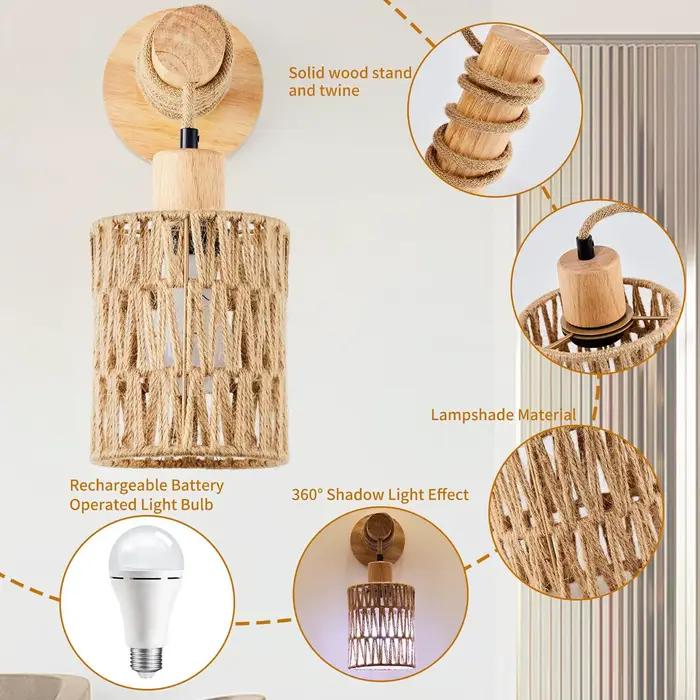 Appliques murales en rotin modernes avec abat-jour blanc et installation facile pour chambre à coucher, chambre d'enfant, cuisine et salle de bain