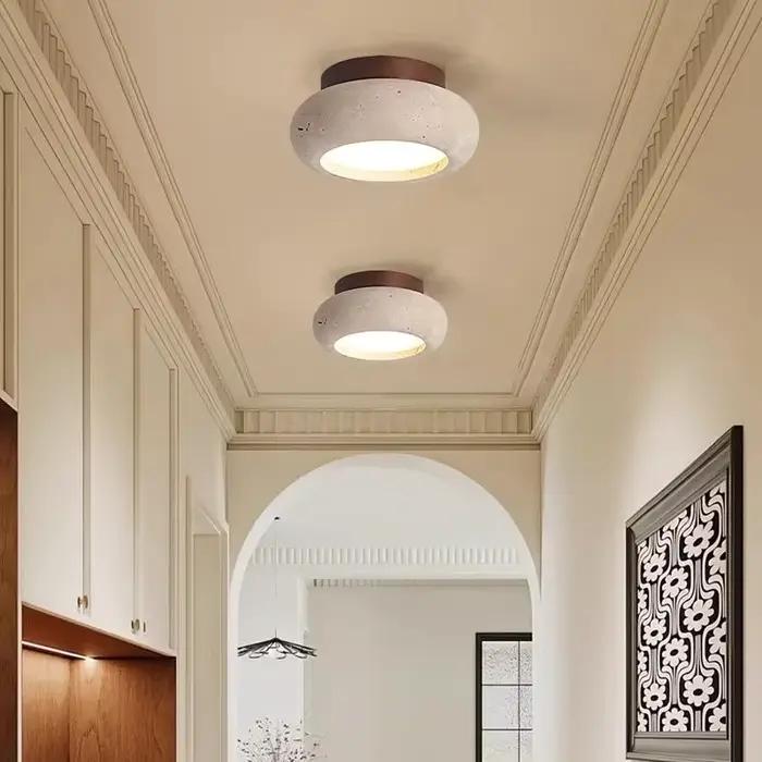 IWHD bois auvent LED plafonnier nordique moderne Simple Ellipse naturel jaune travertin
