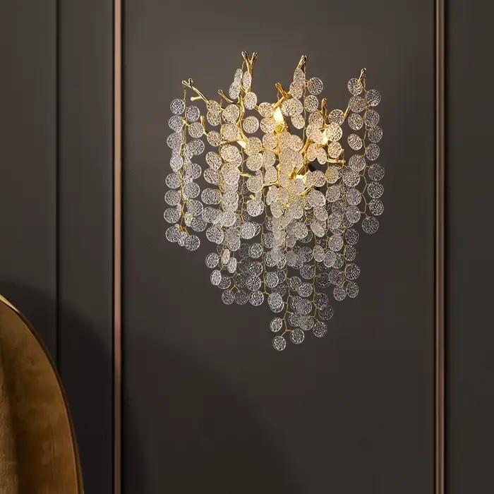 Lustre en cristal K9 doré moderne avec branches d'arbre ronde pour salon et salle à manger luminaire LED plafond nordique chandelier