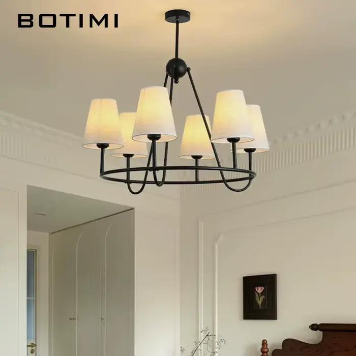 BOTIMI Style français abat-jour en tissu lustre pour salon rond noir en métal Suspension lampe