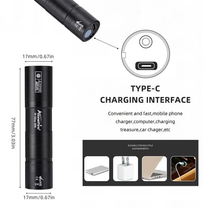 Mini lampe torche UV 365nm rechargeable par USB, petite lampe ultraviolette pour ongles, détection d'urine d'animaux, de Tinea chez le chat, de fausse monnaie, de minerais et de scorpions