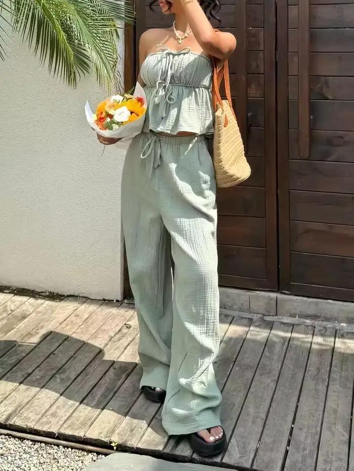Ensembles 2 pièces pour femmes, nouveaux ensembles décontractés pour femmes, haut à lacets et pantalon