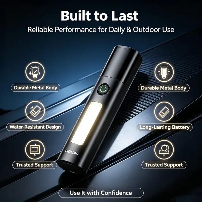 Lampe de poche Philips, haute luminosité, fonction d'éclairage latéral, facile à transporter, très adaptée aux situations d'urgence à la maison/en camping