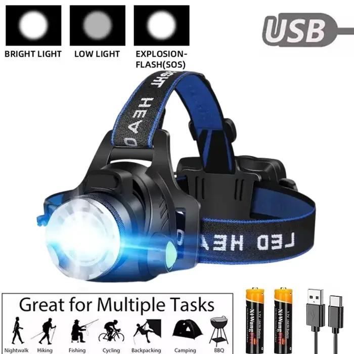 Lampe frontale LED puissante avec batterie 18650, Rechargeable par USB, Zoomable, étanche, pour Camping, pêche en plein air
