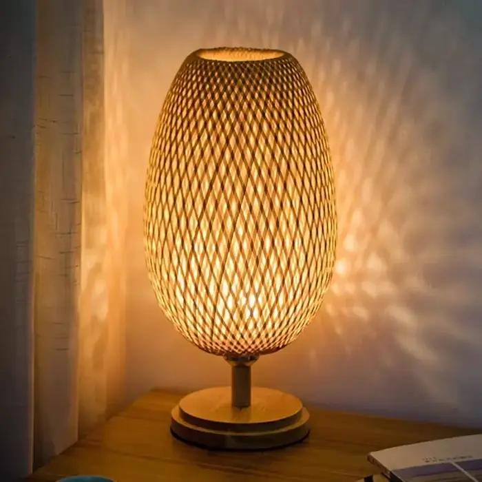 Lampe de oral et Naturelle Tissée à la Main en Rotin de Bambou, Luminaire de Table pour Chambre à Co