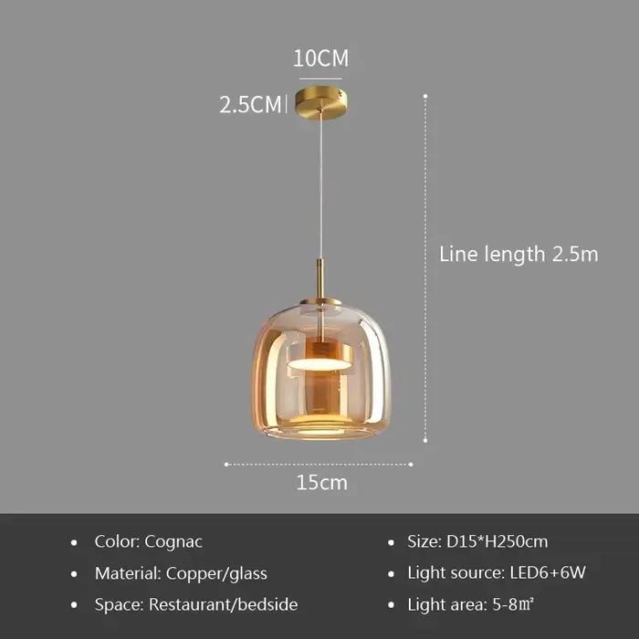 Lampe LED suspendue en verre ambre au design moderne, luminaire décoratif d'intérieur, idéal pour un