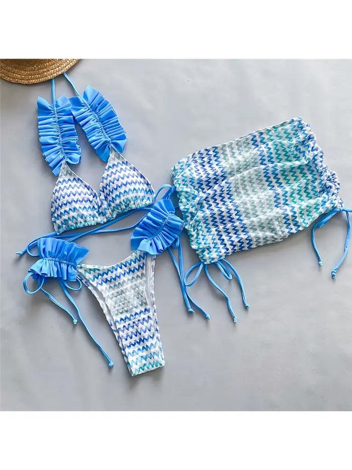 Ensemble Bikini bleu trois pièces avec jupe ondulée à volants, maillot de bain féminin, maillot de b
