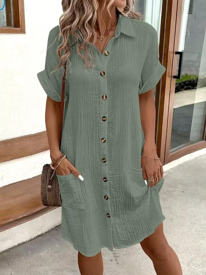 Mini robe Vintage en coton et lin pour femmes, couleur unie, mode d'été, col en v, manches trois qua
