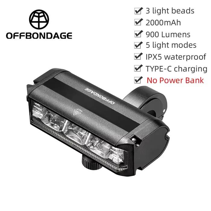 OFFBONDAGE – feu avant de vélo 2600 lumens, lampe de poche étanche 8000mAh, chargeur USB, accessoire