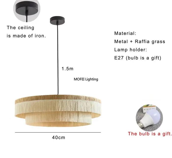 Luminaire suspendu en raphia naturel et rotin, lustre à pampilles tissées à la française, luminaire