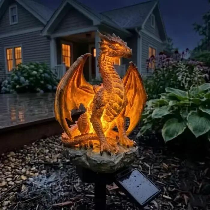 Ornement lumineux solaire en forme de dragon, effet de flamme LED, figurine en résine, lampe sur pie