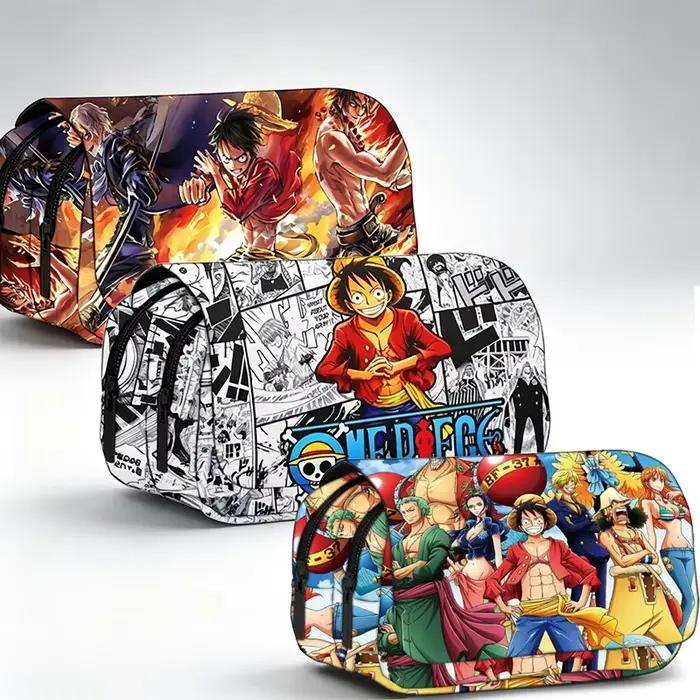 Trousse à crayons double couche grande capacité avec impression Luffy One Piece, boîte à papeterie pour étudiants, sac à crayons pour fournitures scolaires