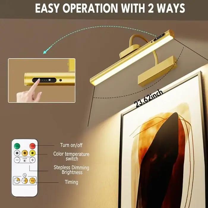 Lampe murale LED rechargeable 4000 mAh, moderne, télécommandée, 3 couleurs réglables, dorée, pour miroir de salle de bain, éclairage d'images en aluminium