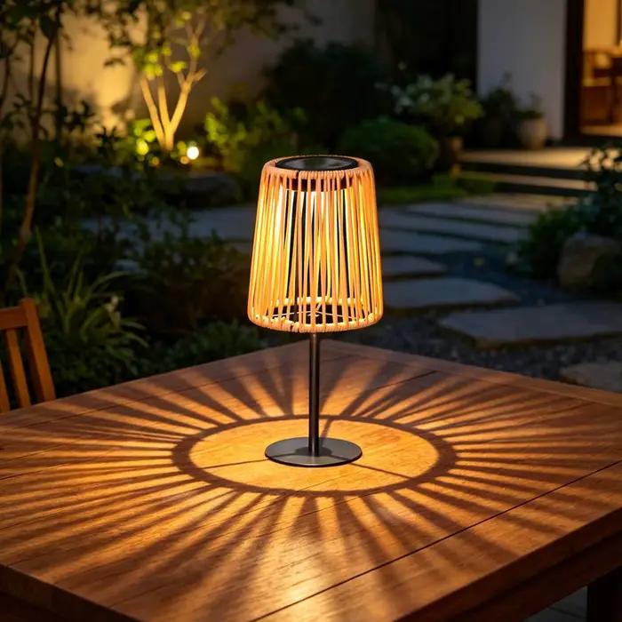 Lanterne solaire avec abat-jour en rotin, lampe de table solaire tressée, lampe de table style rotin, ambiance lumineuse pour patio, jardin