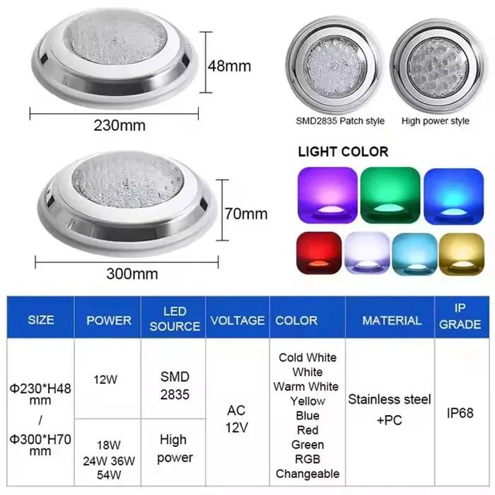 Lampe LED pour piscine, AC12V, en acier inoxydable, IP68, 9W, 12W, 18W, 24W, 36W, télécommande sous-marine, lampes RGB, bleu/blanc chaud/blanc