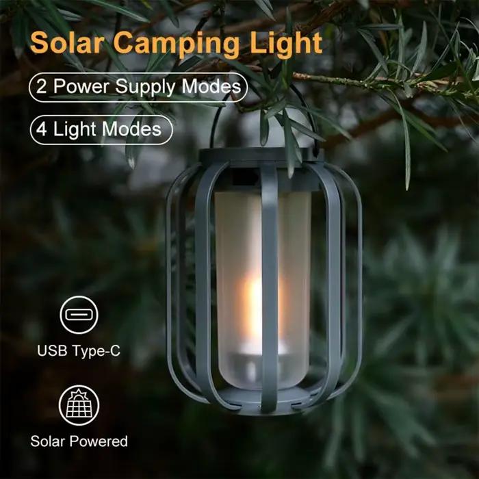 Lanterne de camping rétro à LED avec effet de flamme, lampe de tente rechargeable par énergie solaire, étanche pour jardin et patio