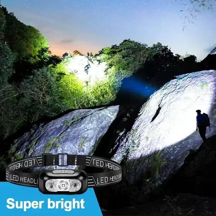 Lampe frontale LED super lumineuse HOMEFISH, rechargeable, avec capteur, étanche, lampe torche pour le camping, la randonnée, la pêche, les situations d'urgence