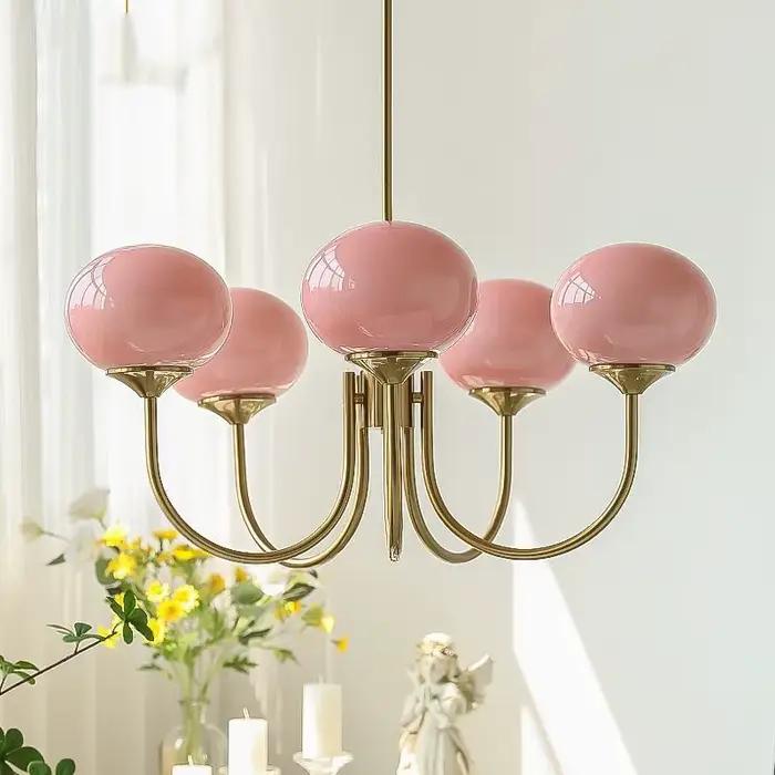 Lustre en verre rose, style médiéval Bauhaus, pour salon, chambre de fille, charmante lampe argentée et dorée, luminaire suspendu vintage pour table à manger