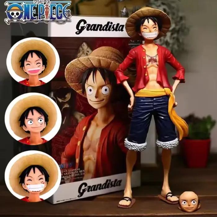 Figurine d'action One Piece Monkey D. Luffy de 28 cm, Luffy souriant et confiant, avec trois formes de visage interchangeables, modèle en PVC
