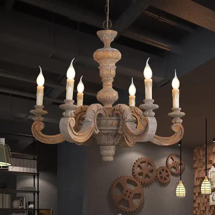 Lustre rétro en bois, lampe suspendue de style européen vintage pour salon