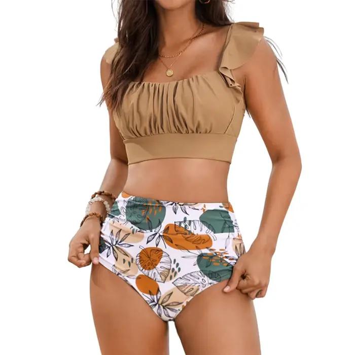 Ensemble Bikini 2 pièces taille haute pour femmes, maillot de bain à volants floraux, contrôle du ventre, maillot de bain froncé modeste à couverture complète