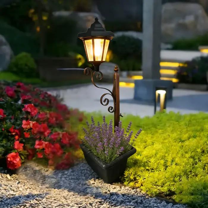 Lampadaire solaire avec jardinière, lampe décorative de jardin, support à fleurs en fer, pot de fleurs, lampe d'ambiance paysagère pour la décoration de la cour et des allées