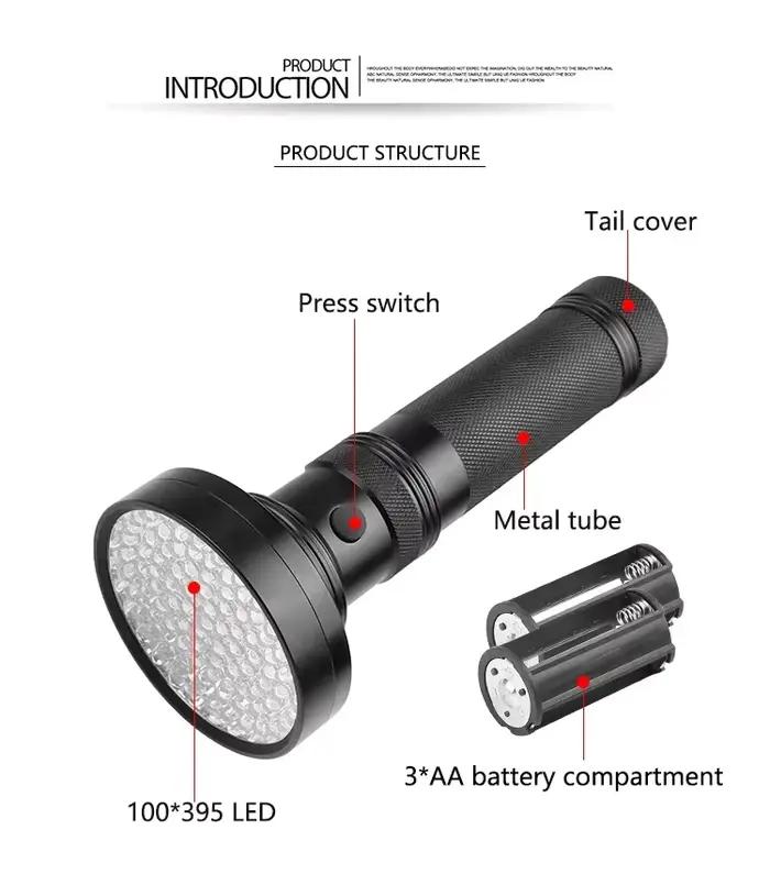 Lampe de poche UV 100 LED, 395nm, torche ultraviolette, détecteur de lumière noire pour animaux secs, taches d'urine, insectes