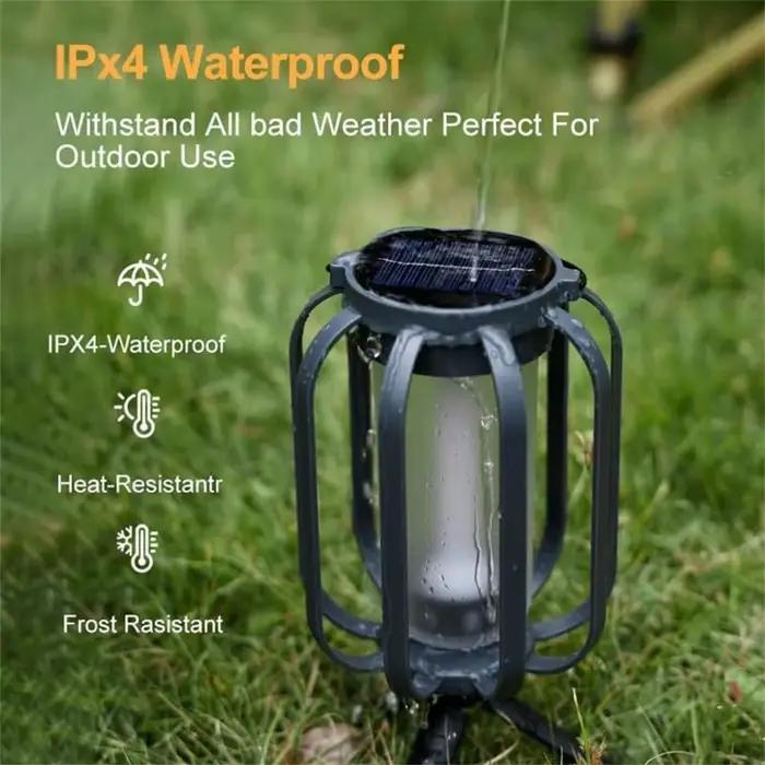 Lanterne de camping rétro à LED avec effet de flamme, lampe de tente rechargeable par énergie solaire, étanche pour jardin et patio
