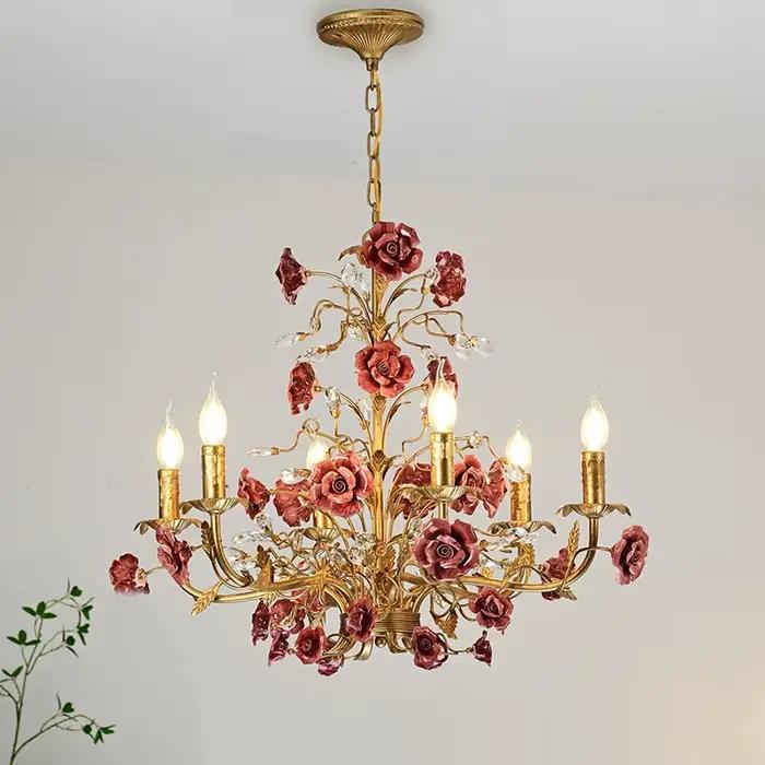 Lampe à suspension de campagne vintage française-lampe à bougie de salle à manger de fleur de rose-lampe de chambre d'enfant de pays américain