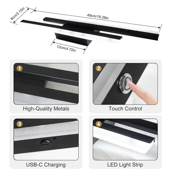 Applique murale rechargeable 5200 mAh avec USB, 3 températures de couleur, éclairage sans fil pour tableaux, télécommande et variateur tactile