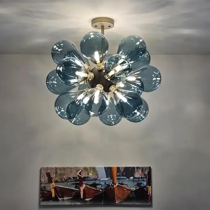 Lustre à bulles de verre moderne avec éclairage d'île pour salon et salle à manger avec finition chrome poli et ampoules néon incluses