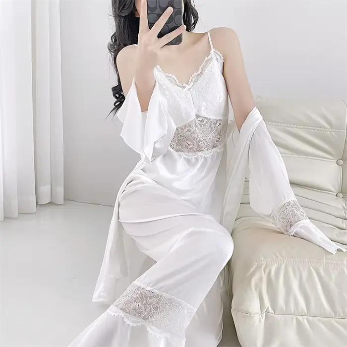 Ensemble de pyjama trois pièces pour femme, kimono en dentelle imprimée sexy, peignoir imbibé, vêtements de maison en satin, vêtements de nuit, printemps, automne