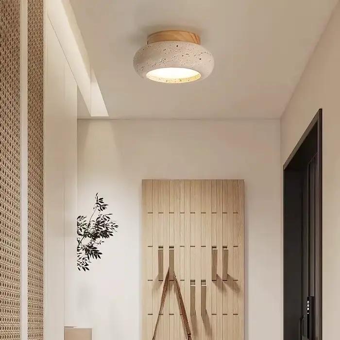 Nordique moderne Simple Ellipse naturel jaune travertin plafonnier lampara De Techo bois auvent LED