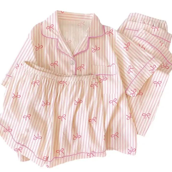 Pyjama d'été trois pièces pour femmes, ensemble de vêtements de nuit de loisirs, manches courtes, revers, doux nœud papillon, imprimé rayé, vêtements de maison