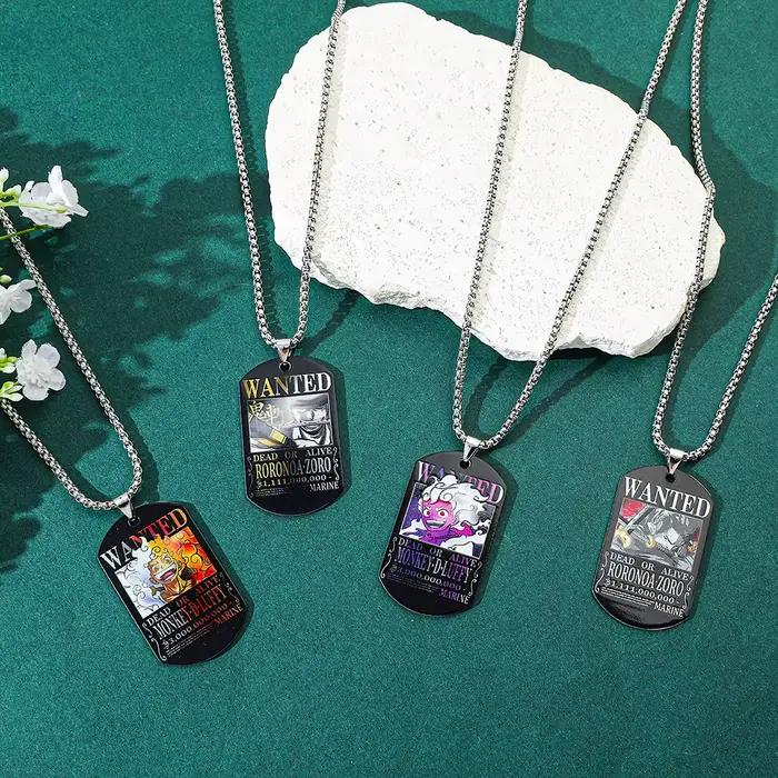 Collier One Piece Luffy avec affiche de recherche de 3 milliards de pièces, pendentif en acier inoxydable imprimé coloré, bijou unisexe, cadeau de vacances