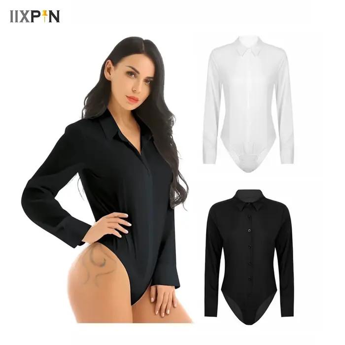 Body une pièce pour femmes, chemise basique, manches longues, col rabattu, couleur unie, combinaison, sous-vêtements, pyjama féminin, vêtements décontractés