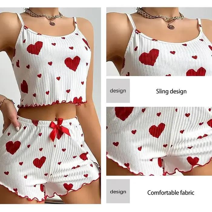Ensemble pyjama 2 pièces pour femme – Débardeur et short de nuit doux et respirants, imprimé Love, S-M-L, blanc